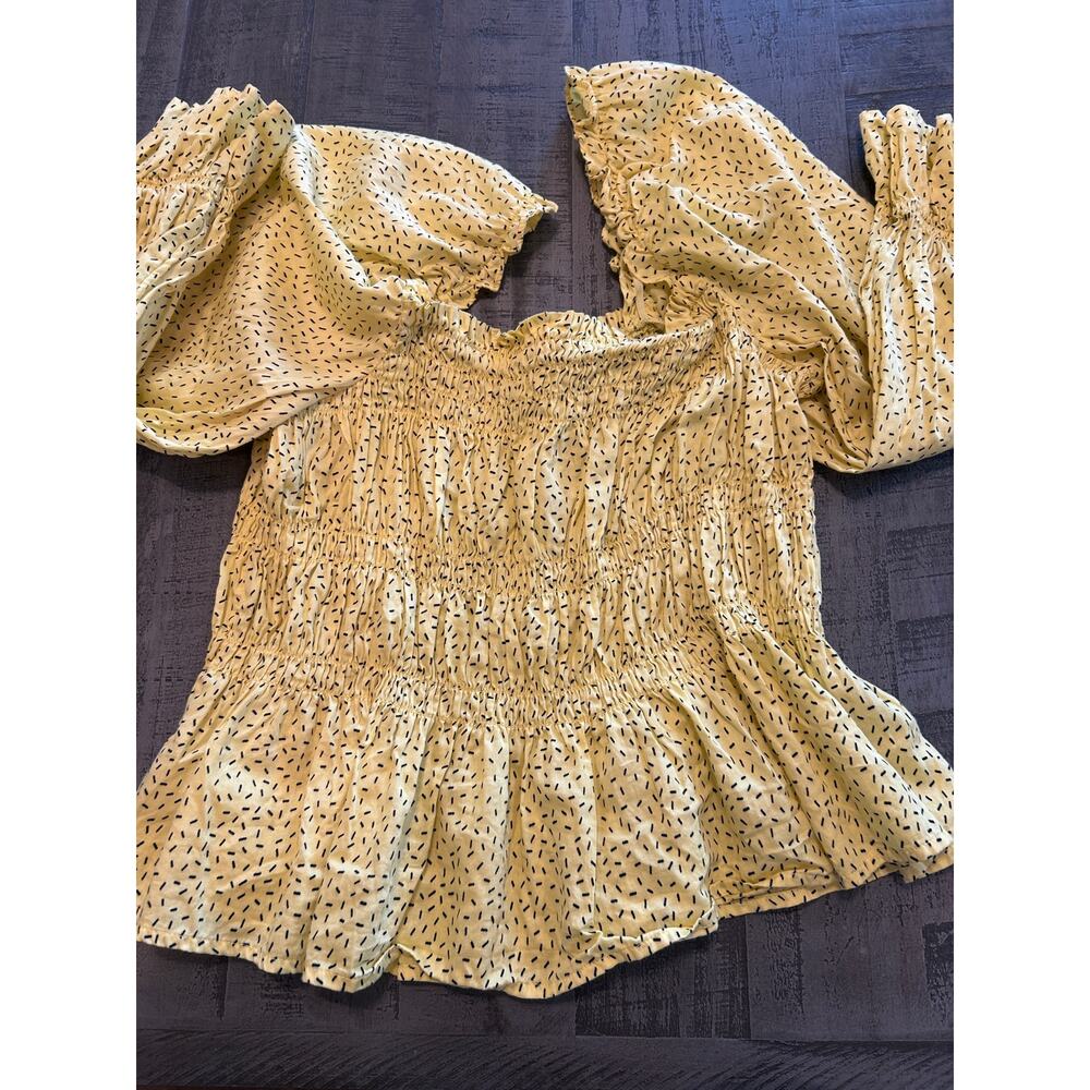 Who What Wear Womens Large L Yellow Ditsy Smocked Peplum Blouse Square Neck Boho - Picture 11 of 12